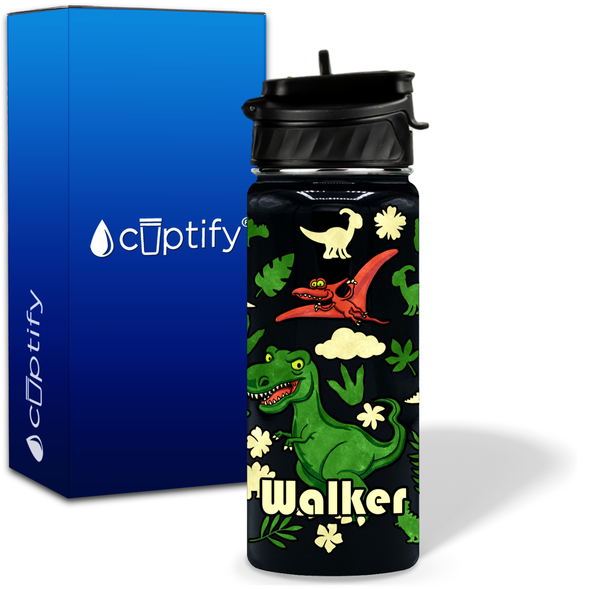 Green Dinosaur 18oz Personalized Kids Water Bottle