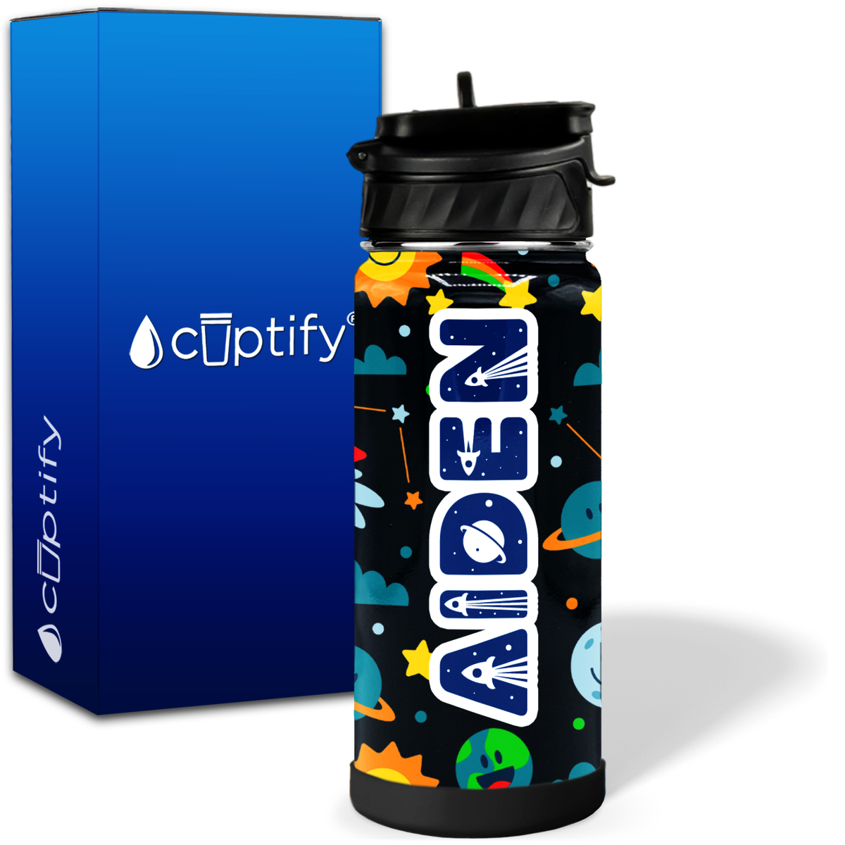 Personalized Rockets and Happy Planets 18oz Wide Mouth Kids Water Bottle