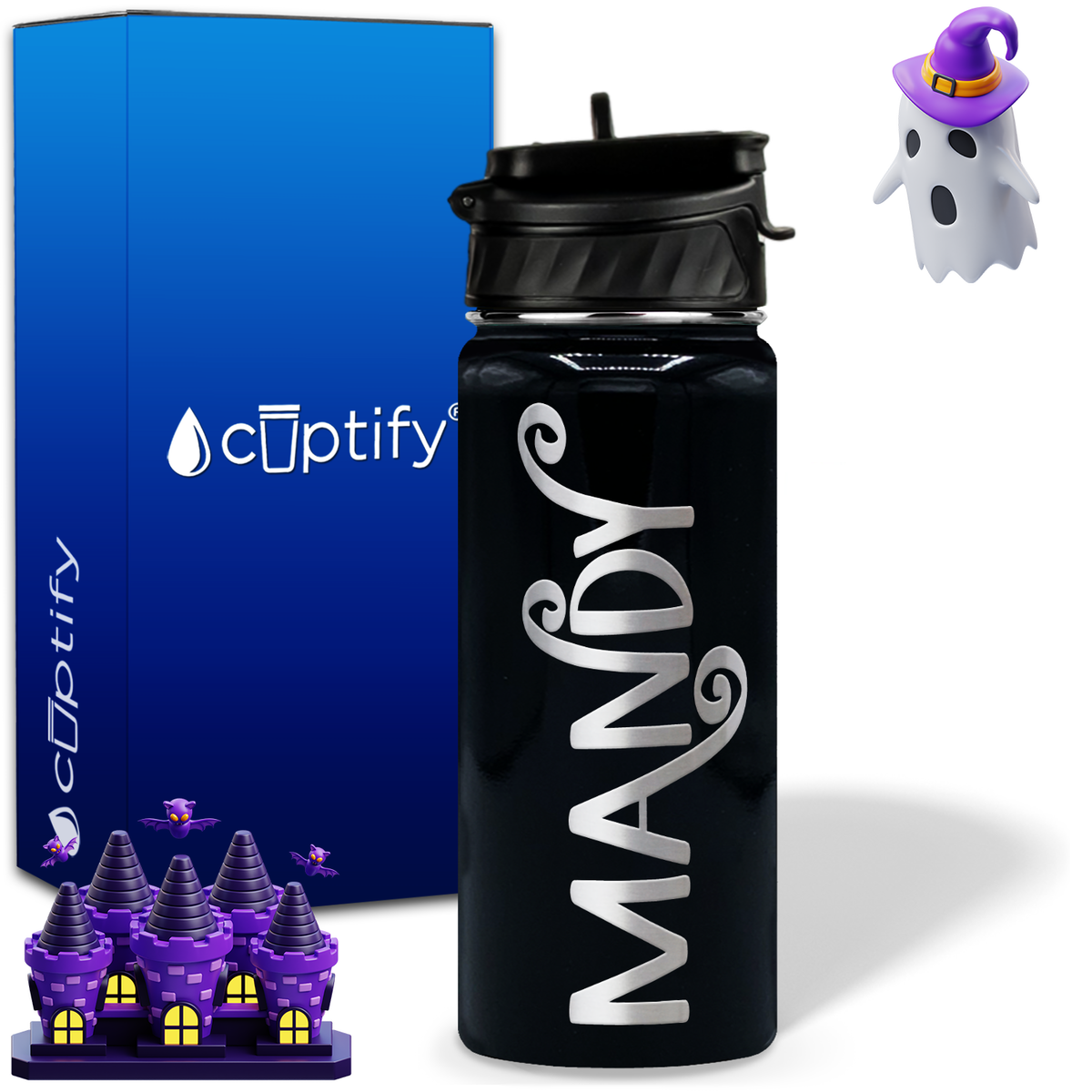 Curly Spooky Halloween on 18oz Personalized Water Bottle