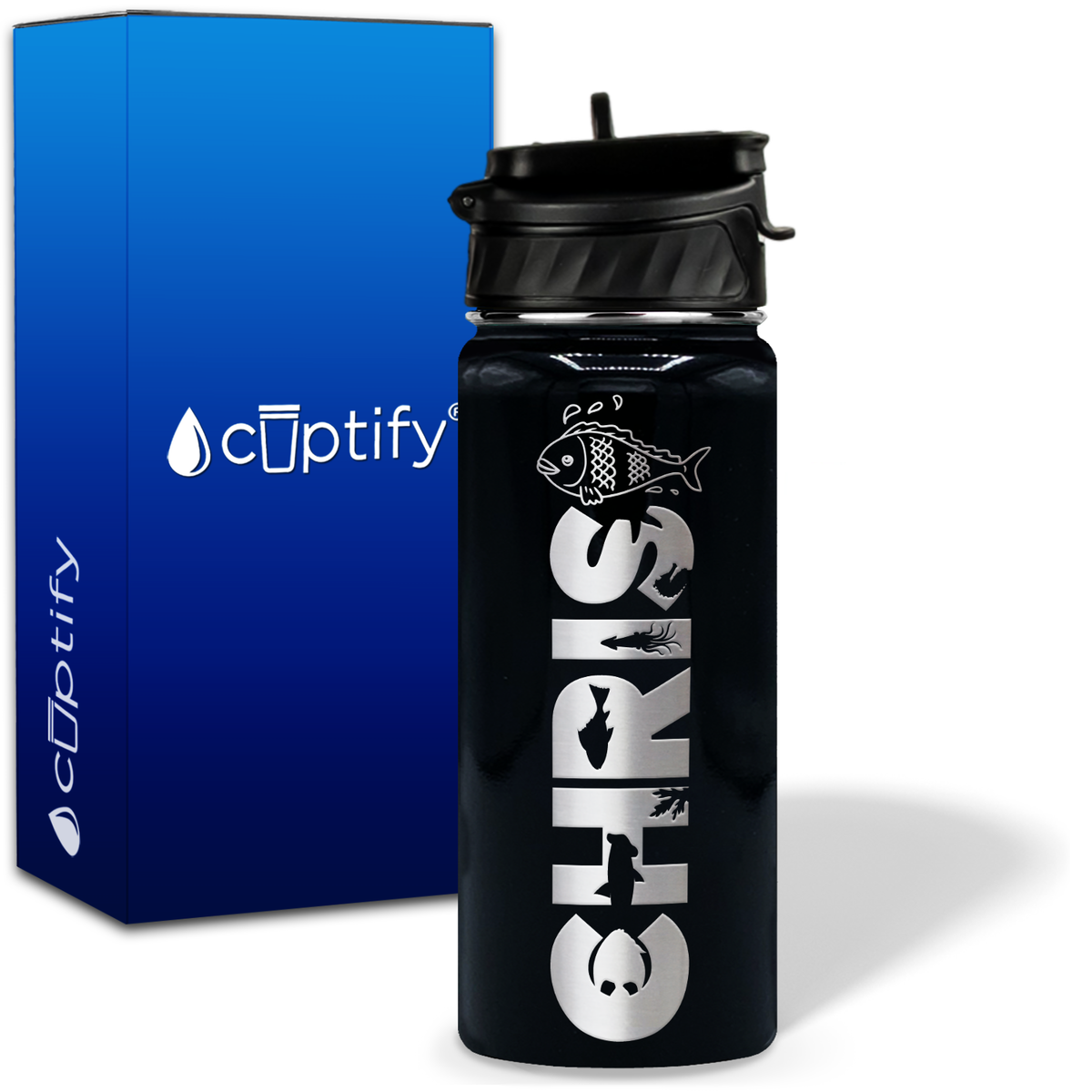 Personalized Fish with Name and Icon on 18oz Wide Mouth Kids Water Bottle