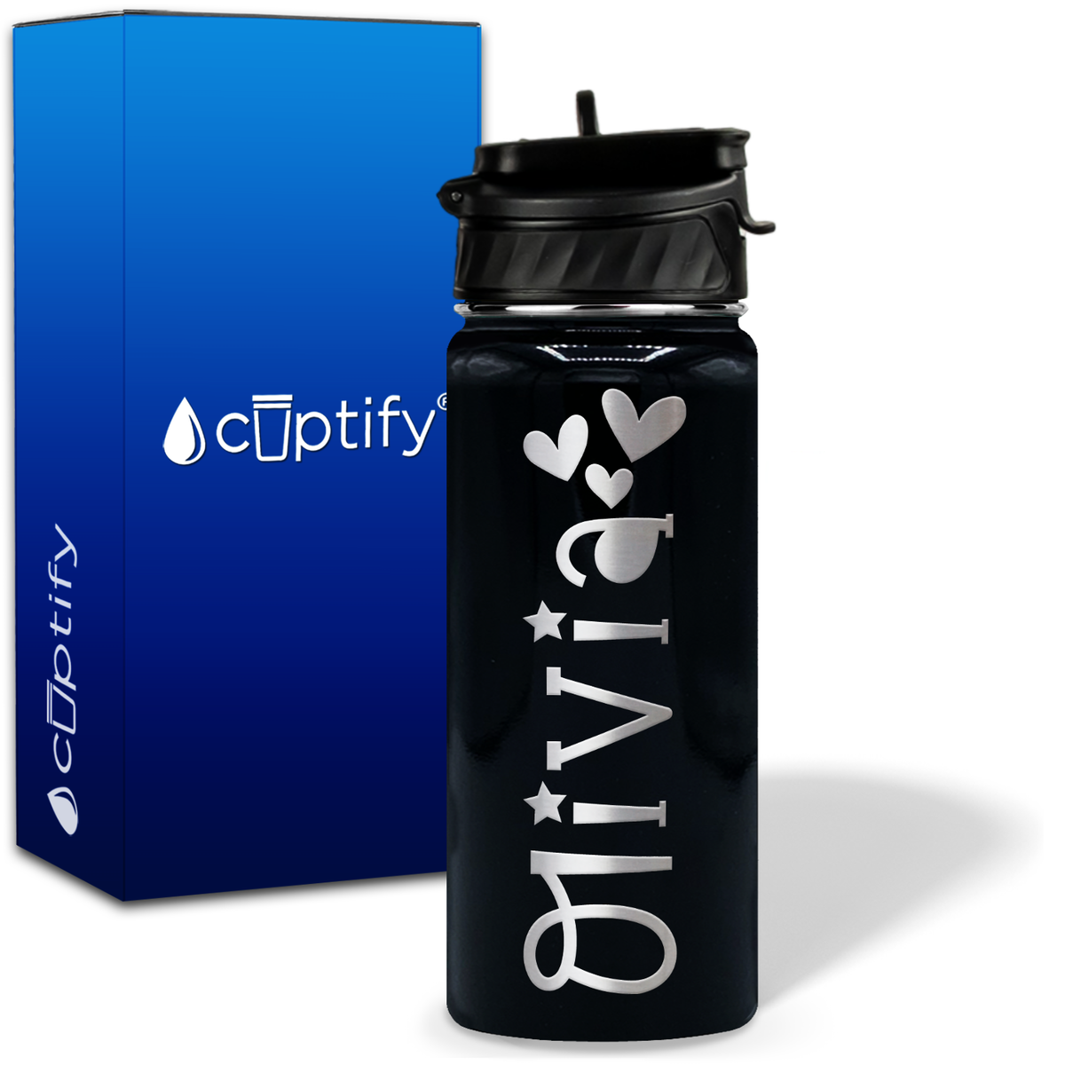 Personalized Hearts with Name and Icon on 18oz Wide Mouth Kids Water Bottle