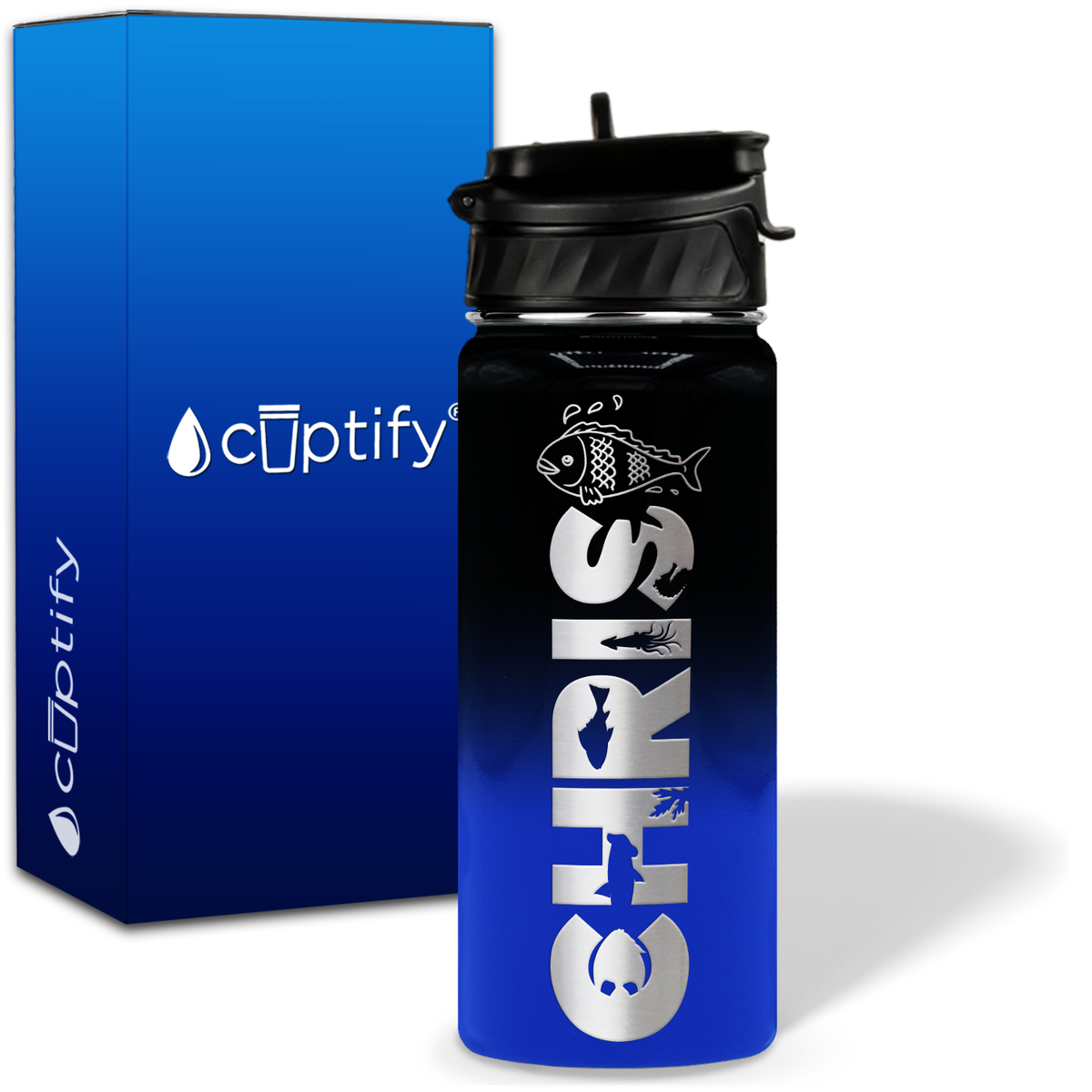 Personalized Fish with Name and Icon on 18oz Wide Mouth Kids Water Bottle