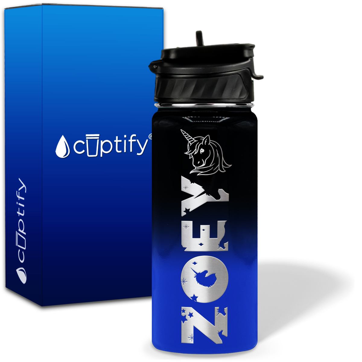 Personalized Unicorn with Name and Icon on 18oz Wide Mouth Kids Water Bottle