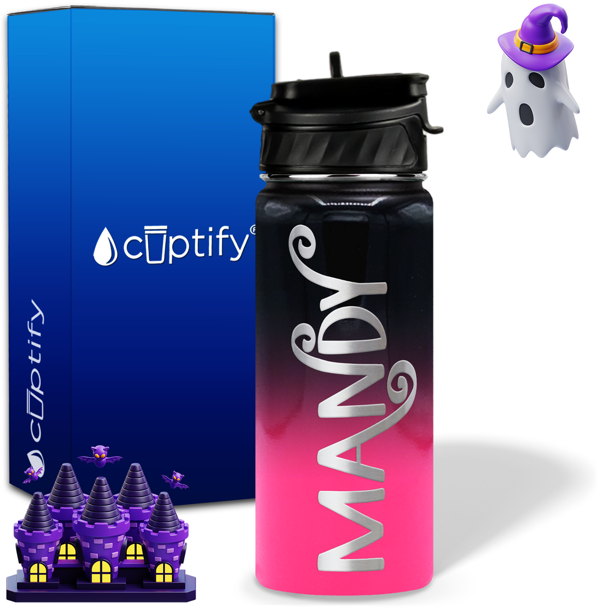 Curly Spooky Halloween on 18oz Personalized Water Bottle