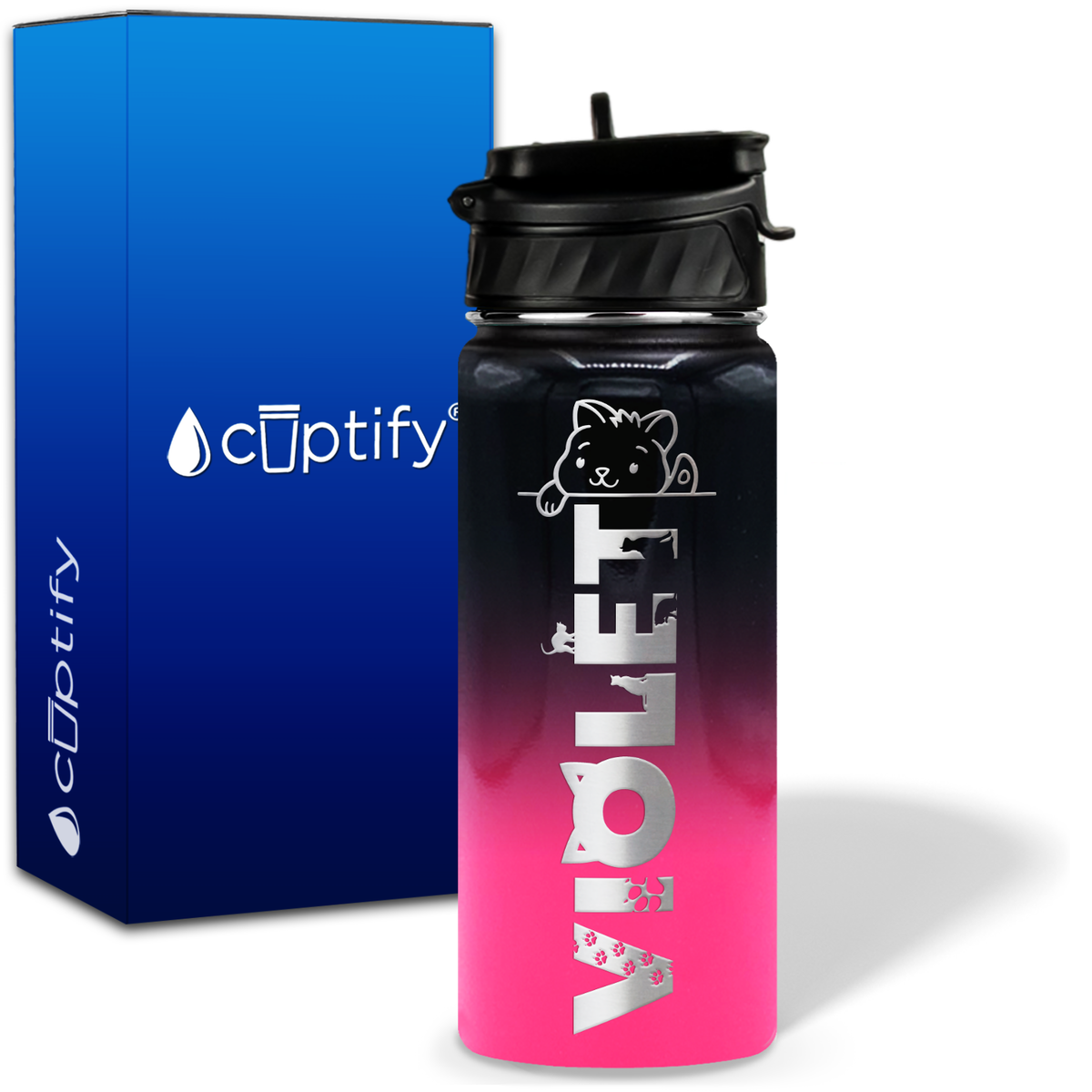 Personalized Cat Waving with Name and Icon on 18oz Wide Mouth Kids Water Bottle