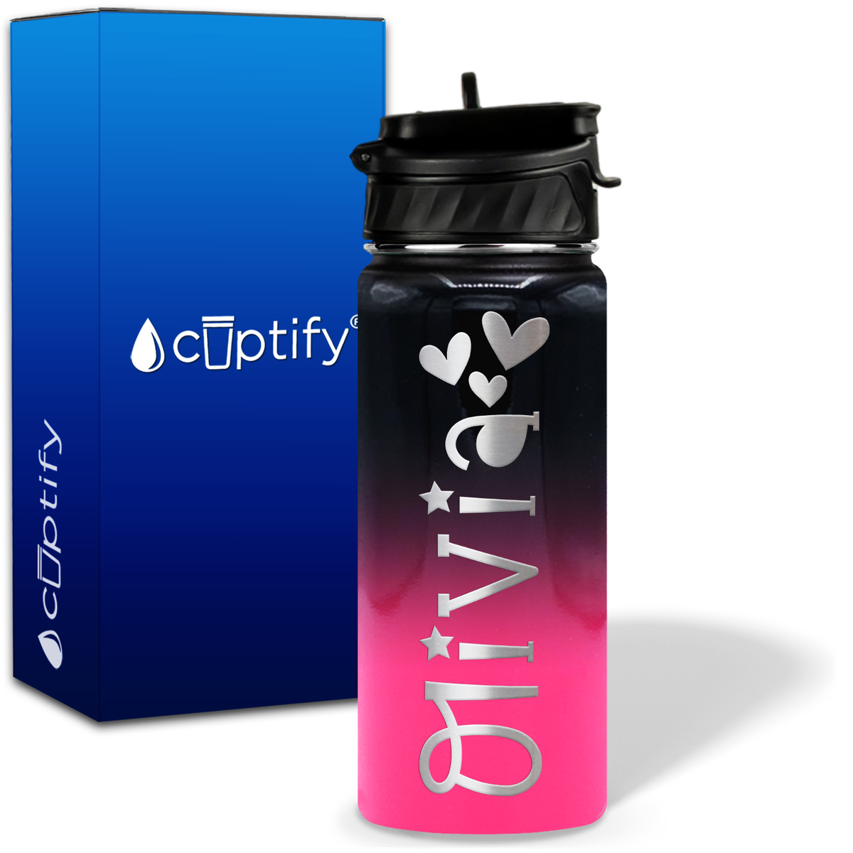 Personalized Hearts with Name and Icon on 18oz Wide Mouth Kids Water Bottle