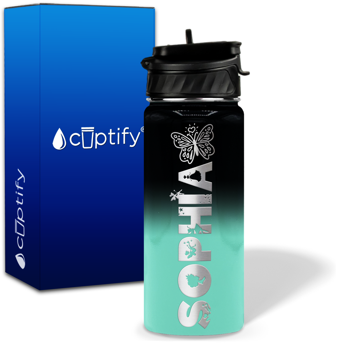 Personalized Heart Butterfly with Name and Icon on 18oz Wide Mouth Kids Water Bottle