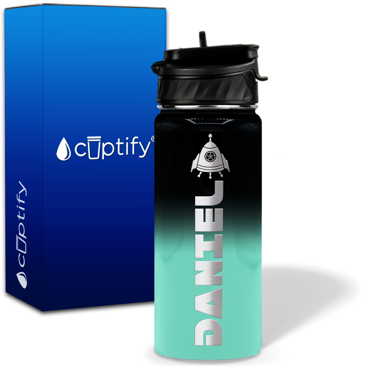 Personalized Space Ship with Name and Icon on 18oz Wide Mouth Kids Water Bottle
