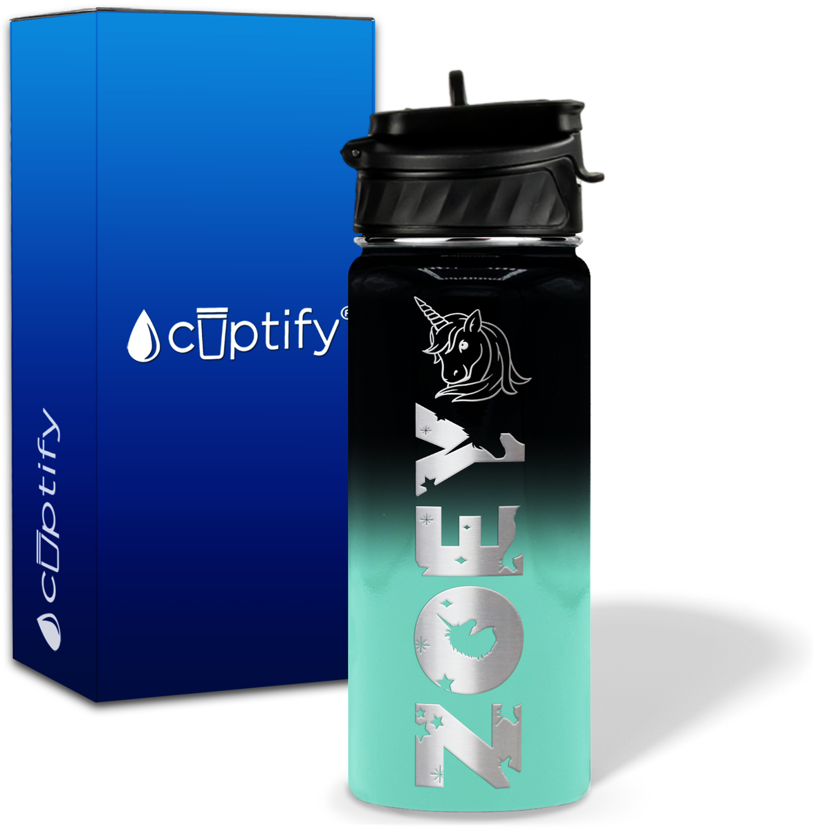 Personalized Unicorn with Name and Icon on 18oz Wide Mouth Kids Water Bottle