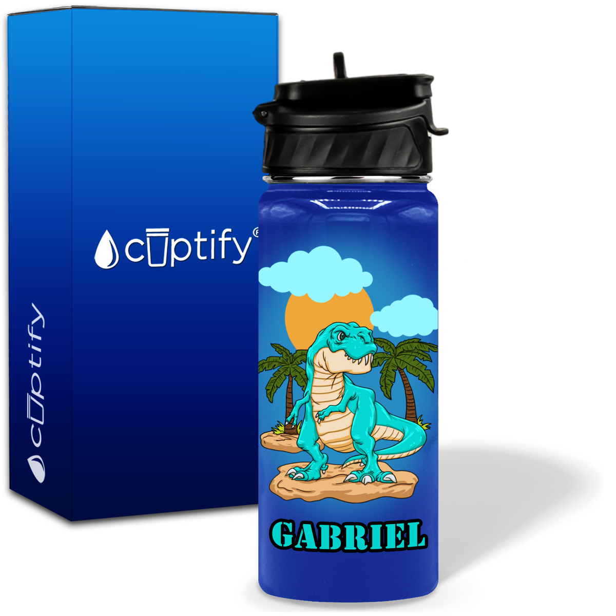 Blue Dinosaur T-Rex 18oz Personalized Kids Water Bottle