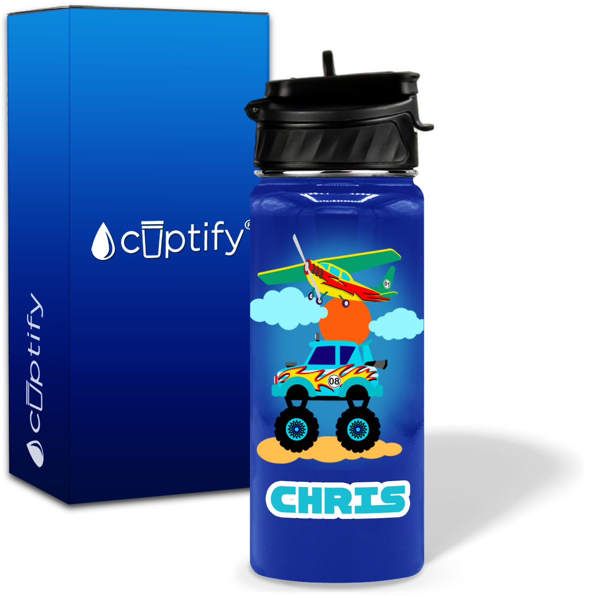 Blue Monster Truck and Airplane 18oz Personalized Kids Water Bottle
