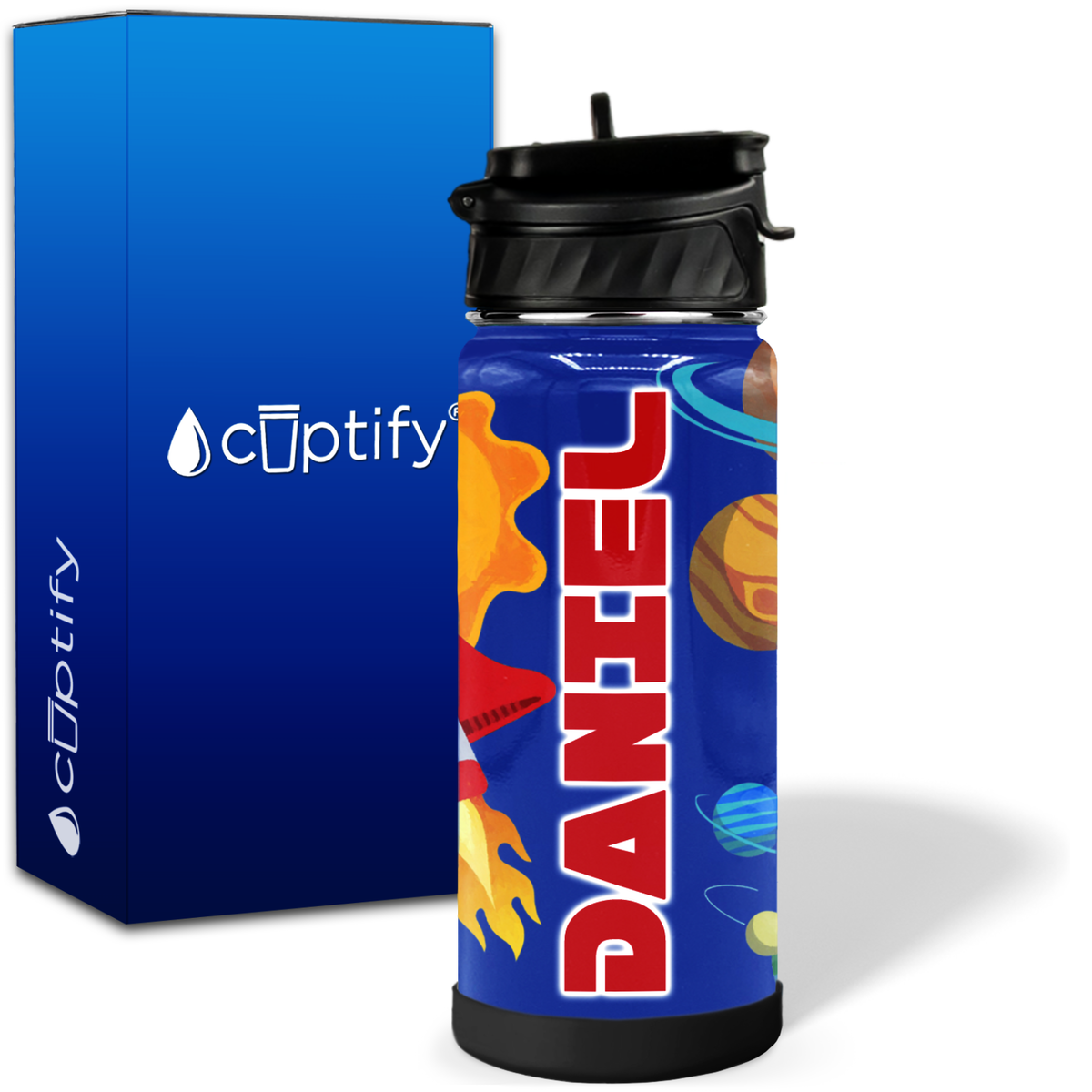 Personalized Rocket in Space 18oz Wide Mouth Kids Water Bottle