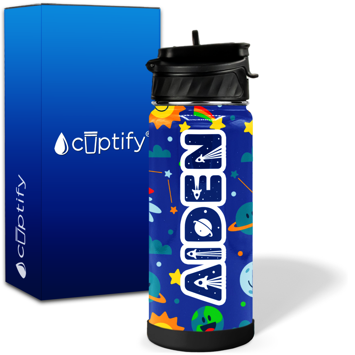 Personalized Rockets and Happy Planets 18oz Wide Mouth Kids Water Bottle