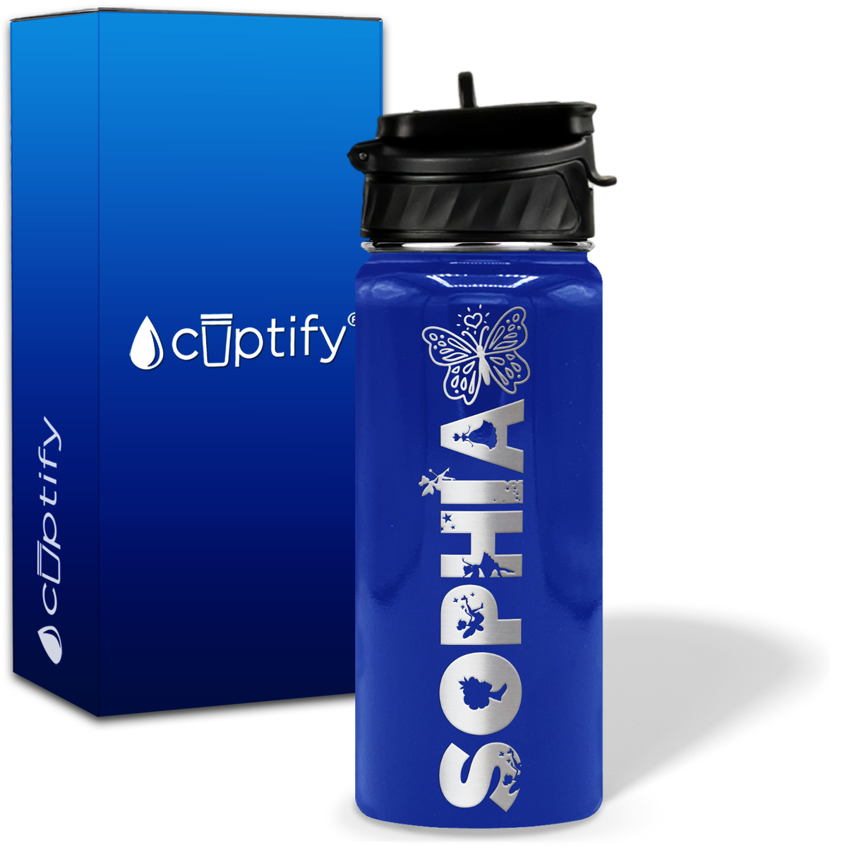 Personalized Heart Butterfly with Name and Icon on 18oz Wide Mouth Kids Water Bottle