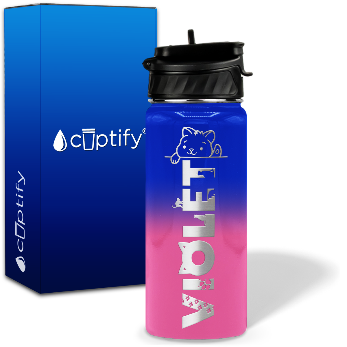 Personalized Cat Waving with Name and Icon on 18oz Wide Mouth Kids Water Bottle