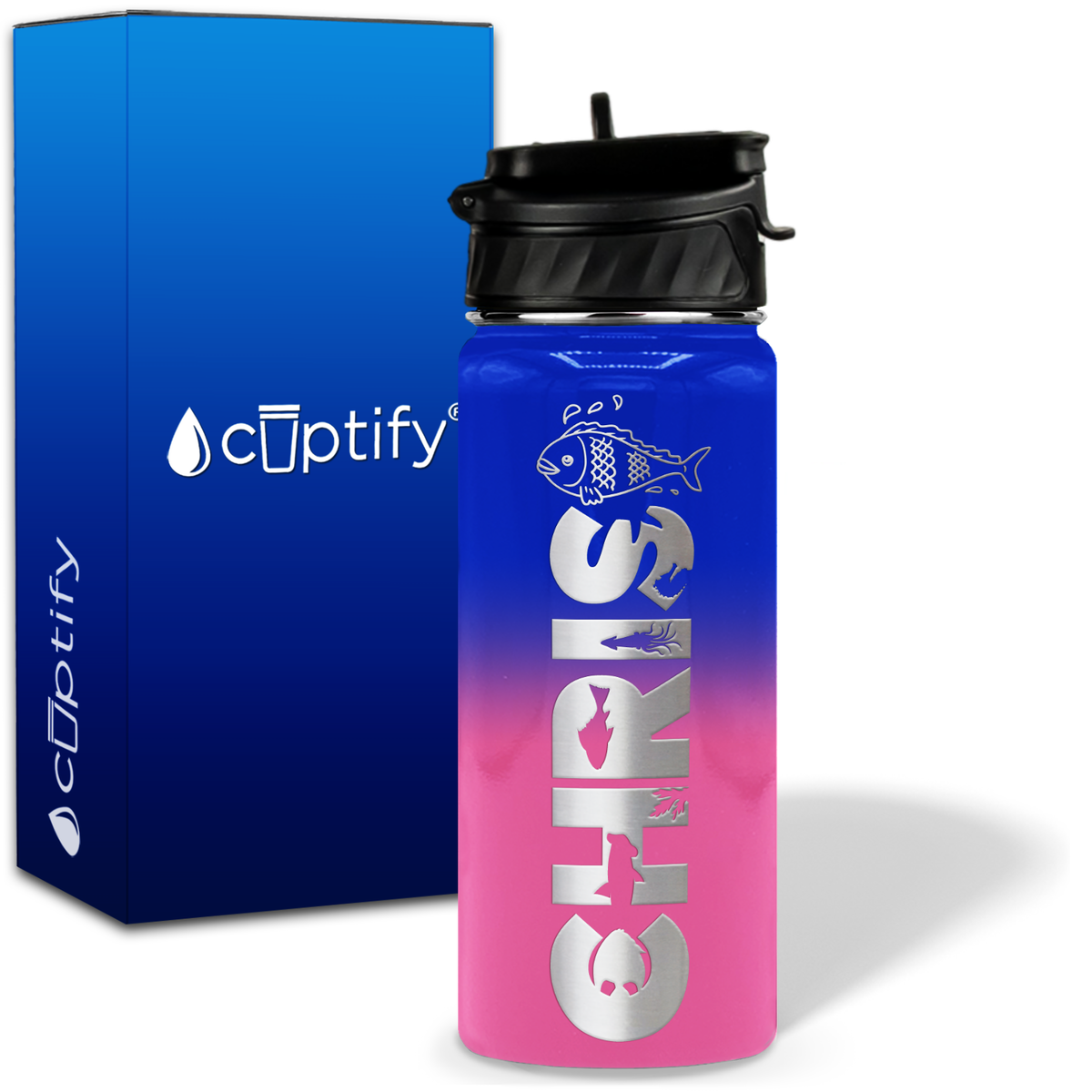 Personalized Fish with Name and Icon on 18oz Wide Mouth Kids Water Bottle