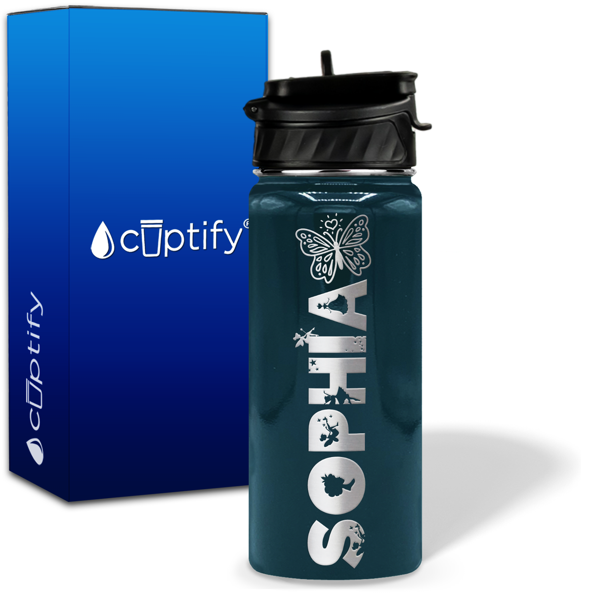 Personalized Heart Butterfly with Name and Icon on 18oz Wide Mouth Kids Water Bottle