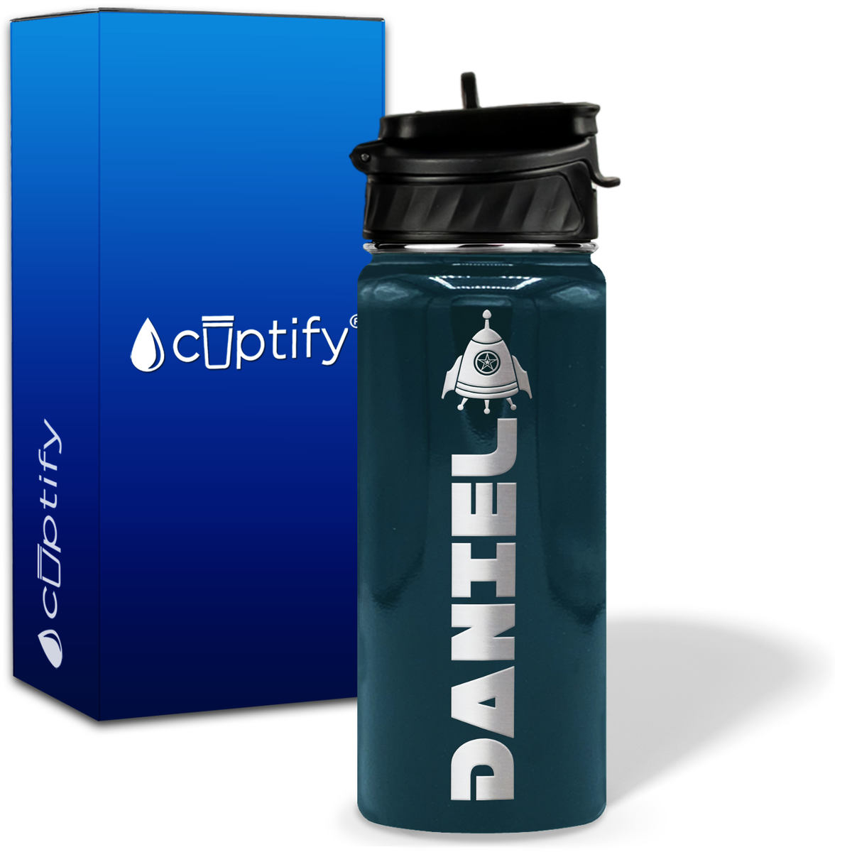 Personalized Space Ship with Name and Icon on 18oz Wide Mouth Kids Water Bottle