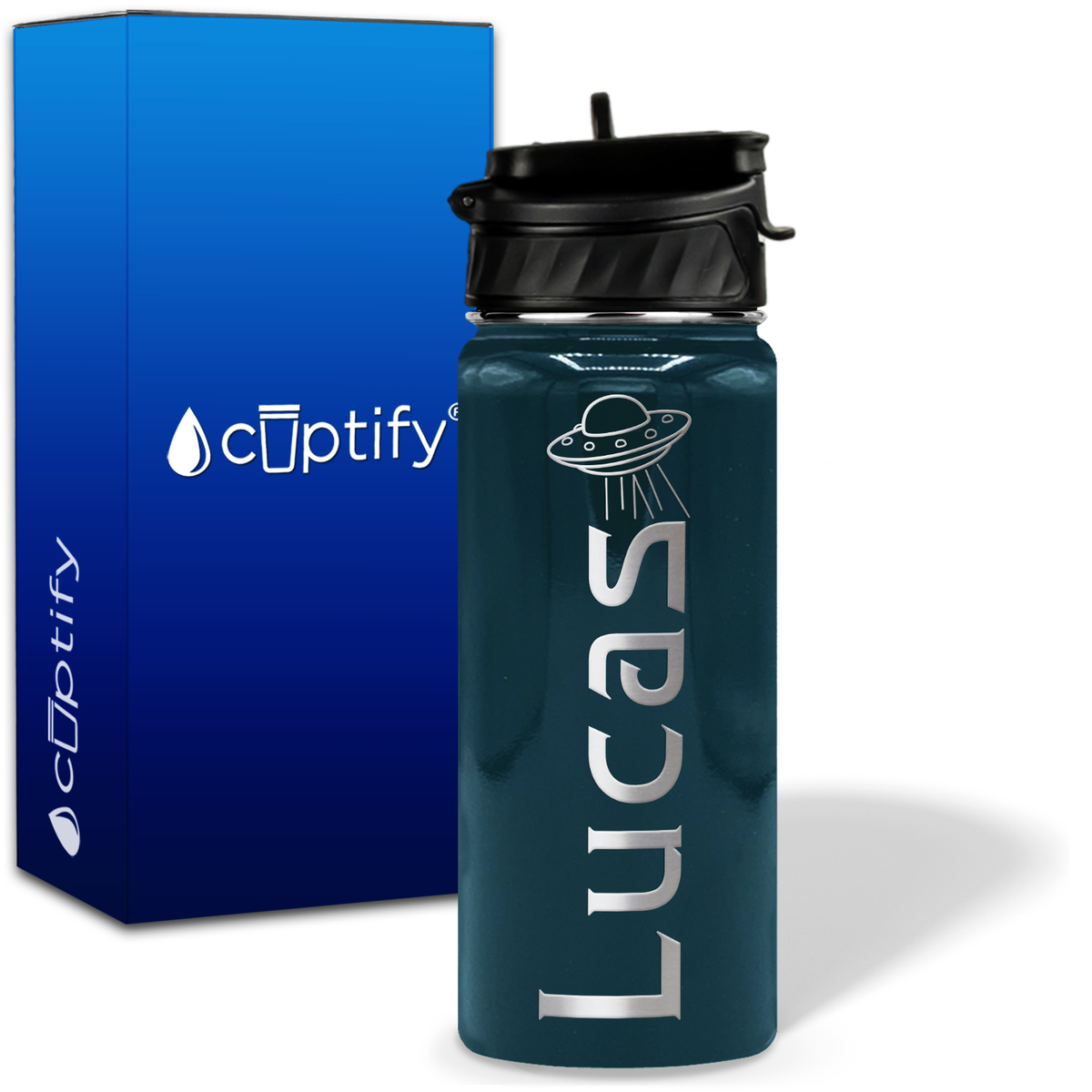 Personalized UFO with Name and Icon on 18oz Wide Mouth Kids Water Bottle