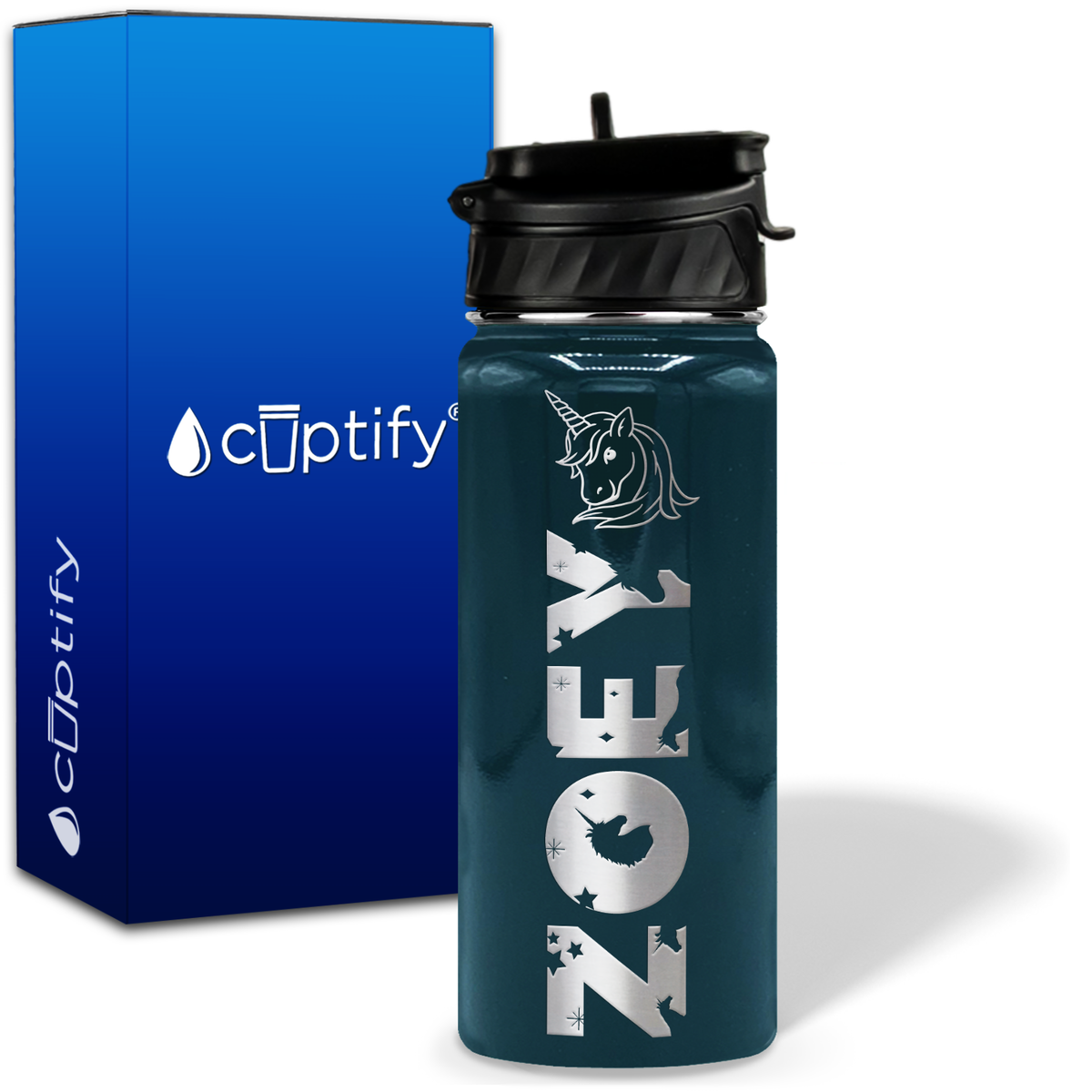 Personalized Unicorn with Name and Icon on 18oz Wide Mouth Kids Water Bottle