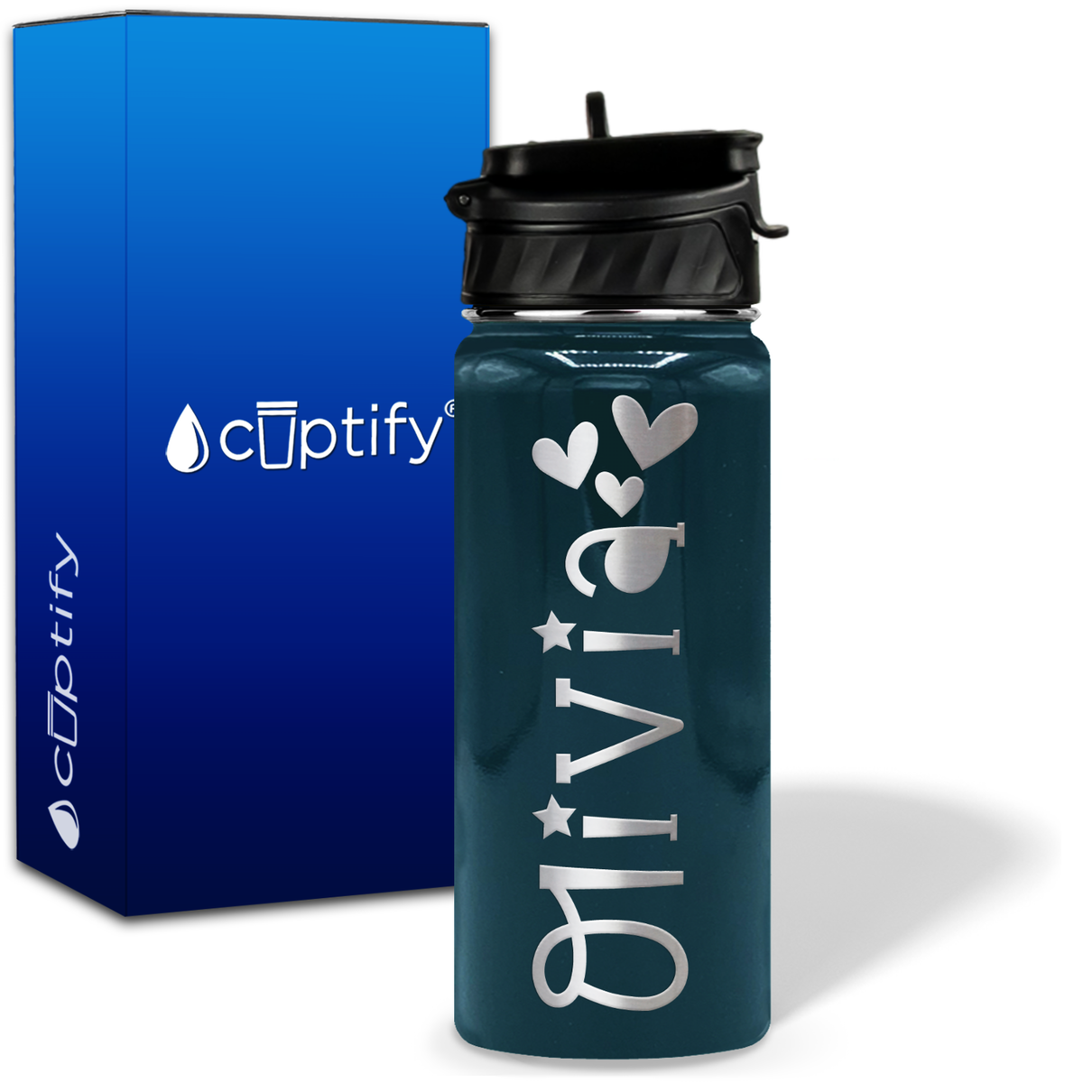 Personalized Hearts with Name and Icon on 18oz Wide Mouth Kids Water Bottle