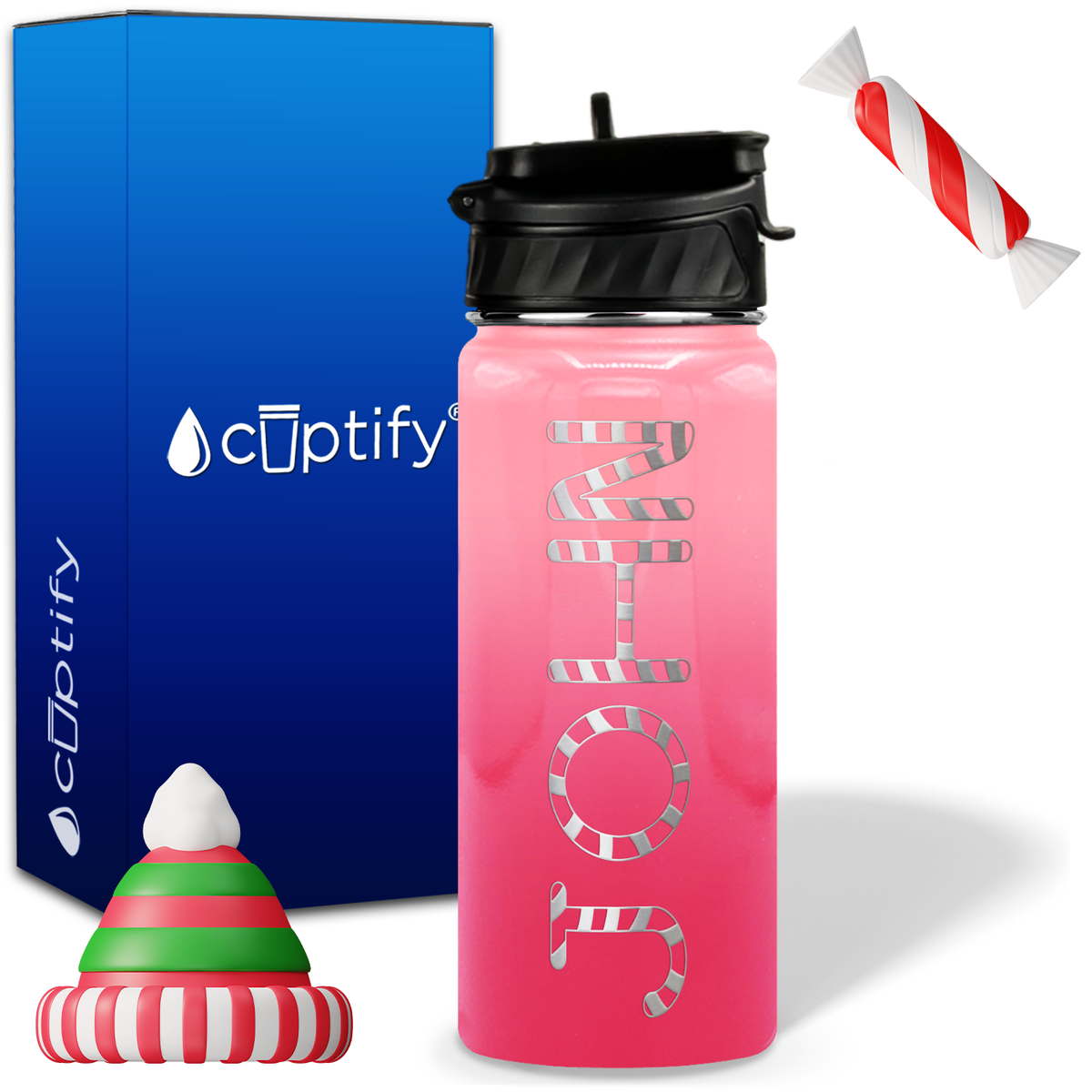 Personalized Candy Canes on 18oz Christmas Water Bottle