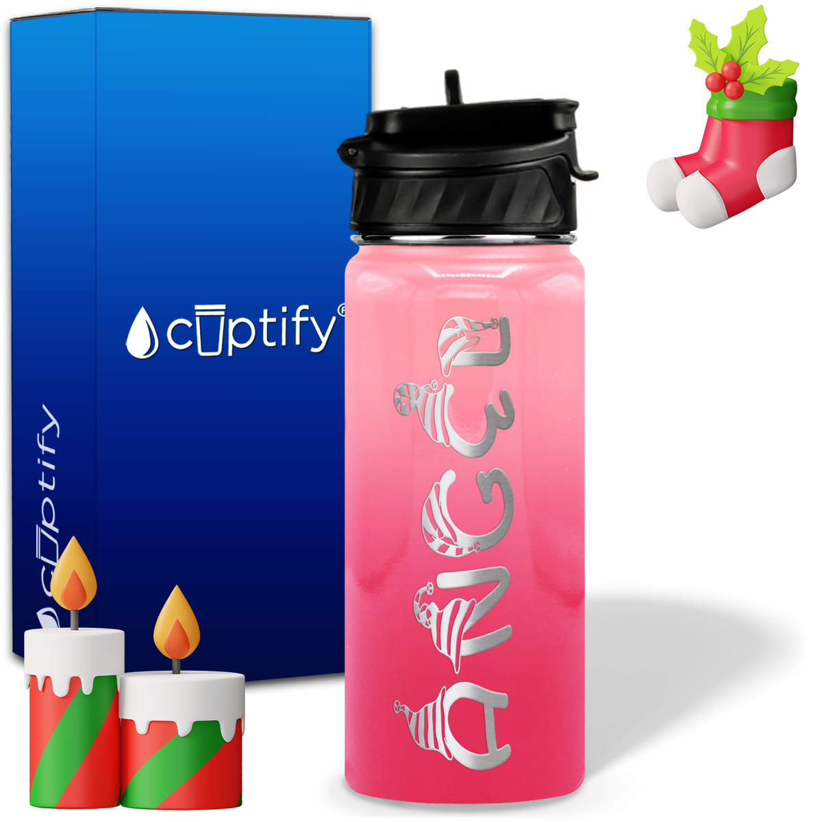 Elfen Christmas Font on 18oz Personalized Water Bottle