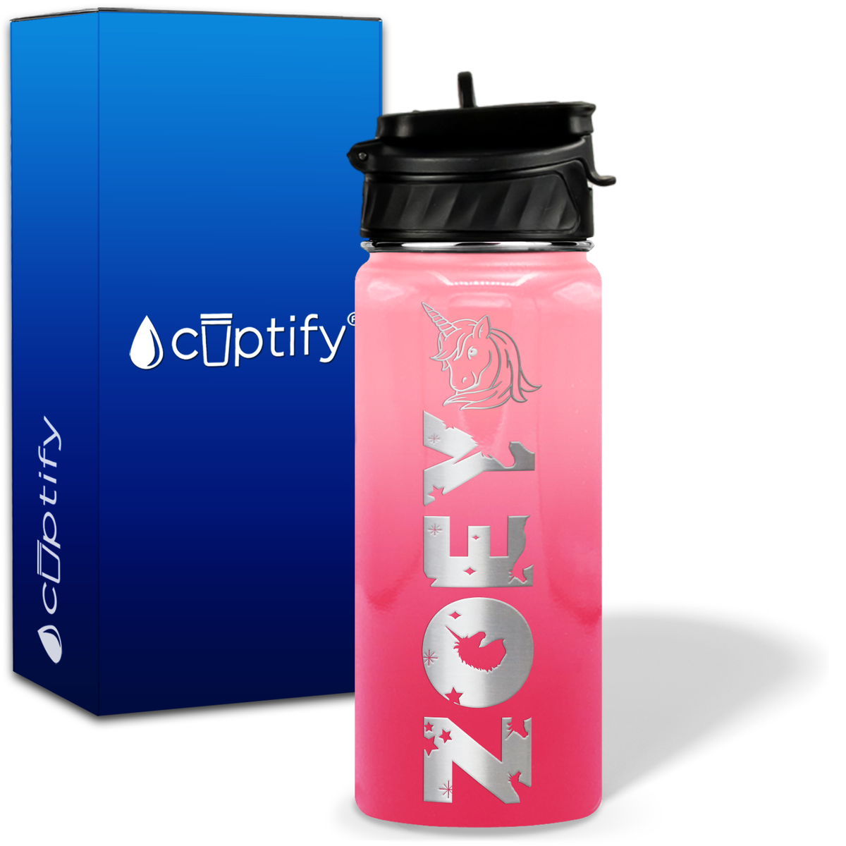 Personalized Unicorn with Name and Icon on 18oz Wide Mouth Kids Water Bottle