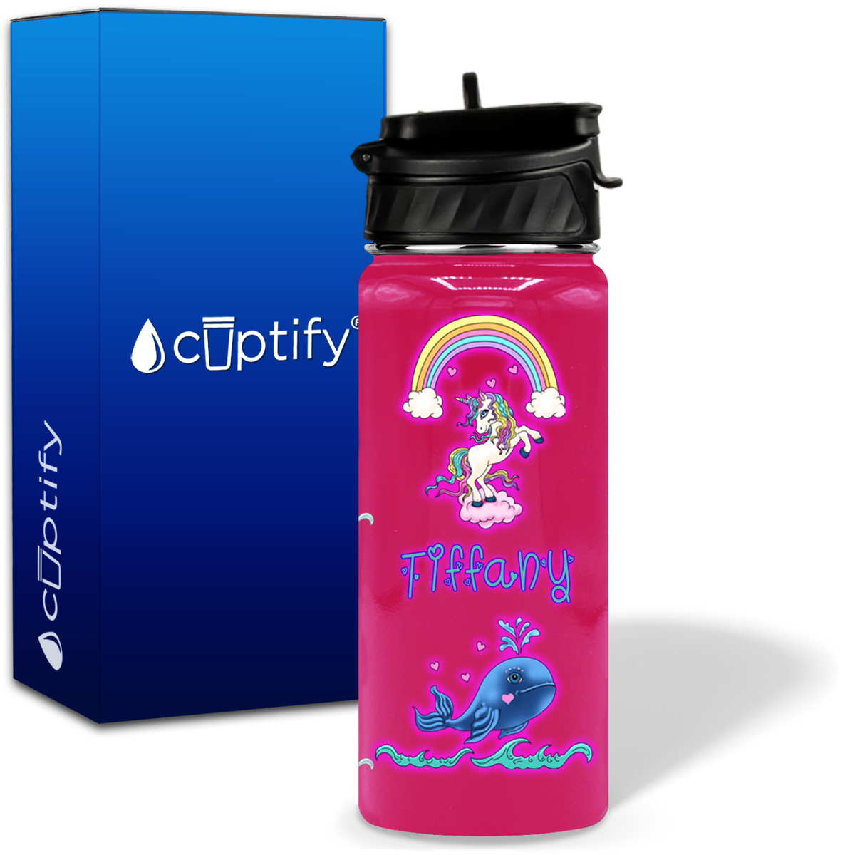 Unicorn Narwhal Love 18oz Personalized Kids Water Bottle