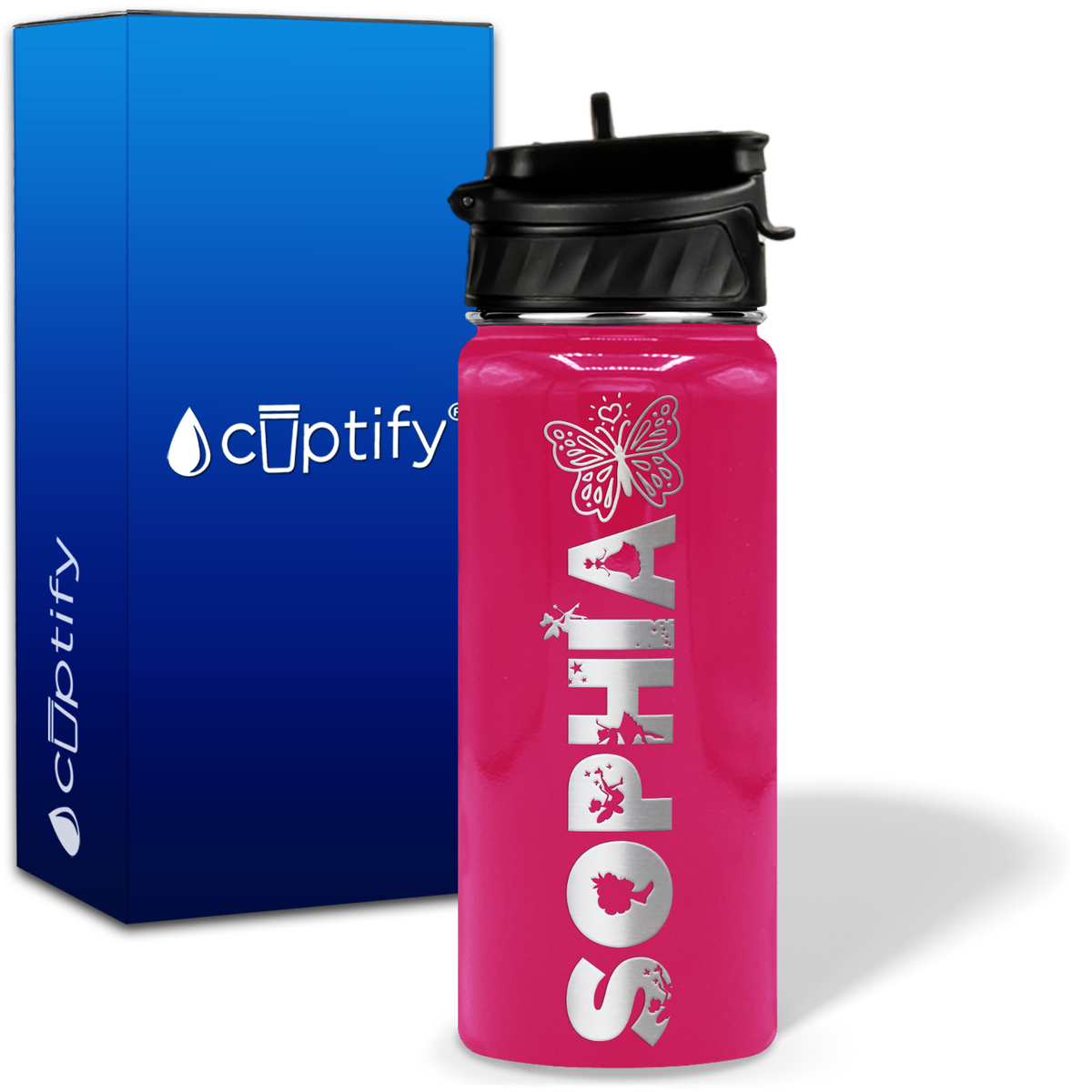 Personalized Heart Butterfly with Name and Icon on 18oz Wide Mouth Kids Water Bottle