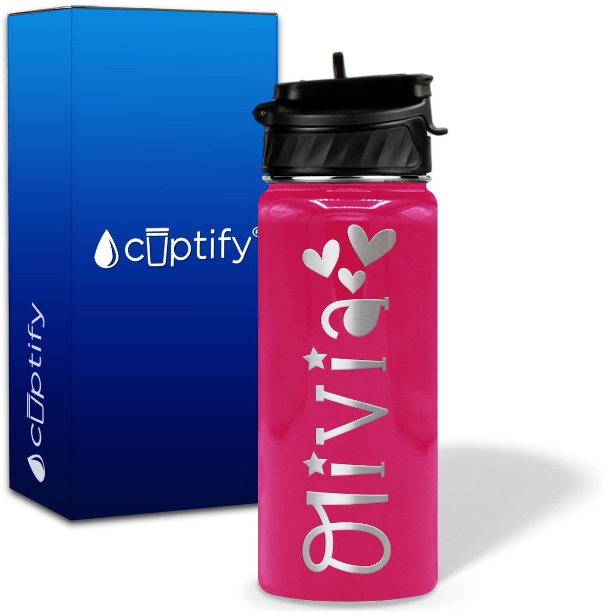 Personalized Hearts with Name and Icon on 18oz Wide Mouth Kids Water Bottle