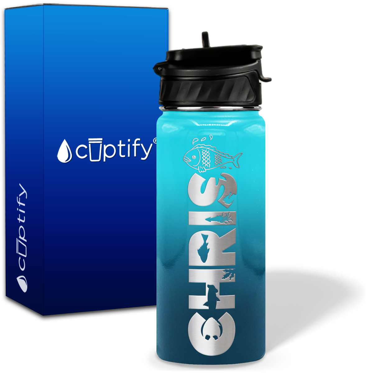 Personalized Fish with Name and Icon on 18oz Wide Mouth Kids Water Bottle