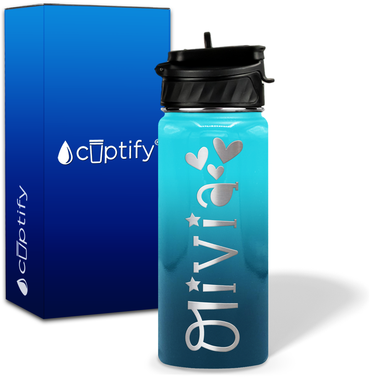 Personalized Hearts with Name and Icon on 18oz Wide Mouth Kids Water Bottle