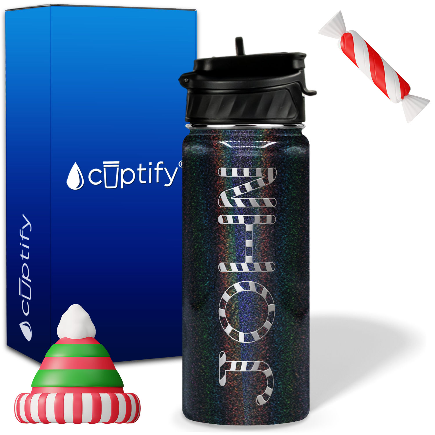 Personalized Candy Canes on 18oz Christmas Water Bottle