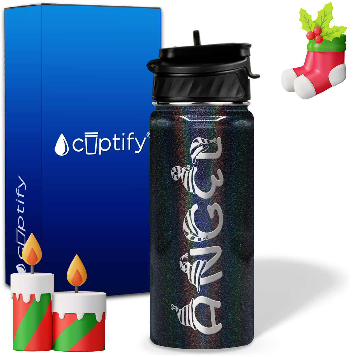 Elfen Christmas Font on 18oz Personalized Water Bottle