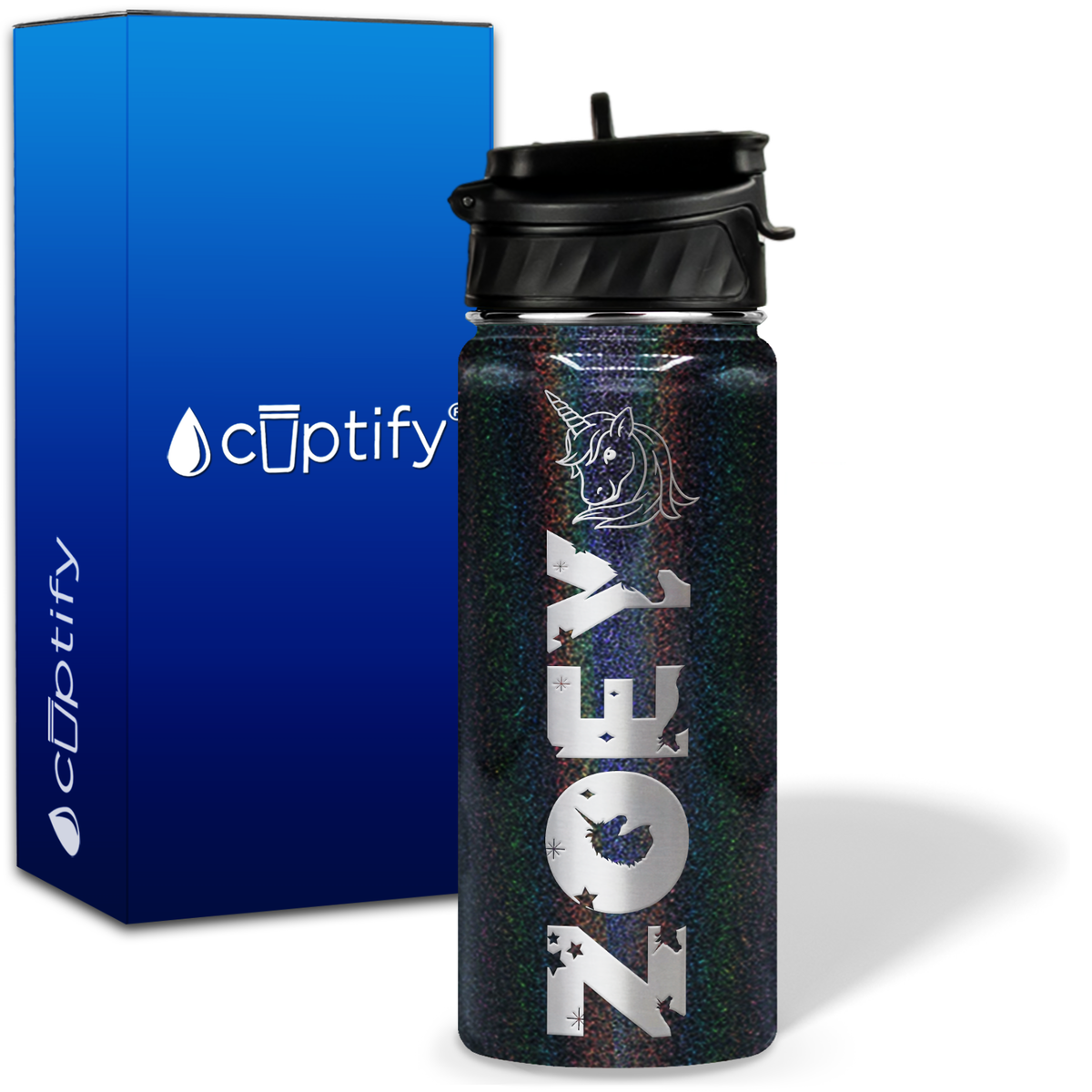 Personalized Unicorn with Name and Icon on 18oz Wide Mouth Kids Water Bottle