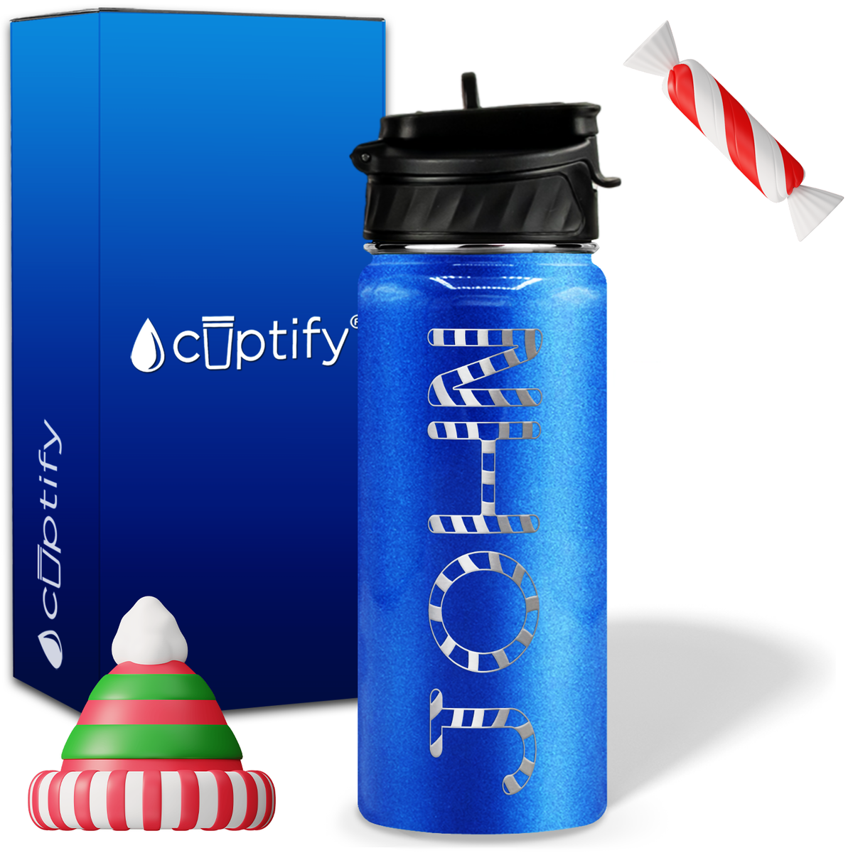 Personalized Candy Canes on 18oz Christmas Water Bottle