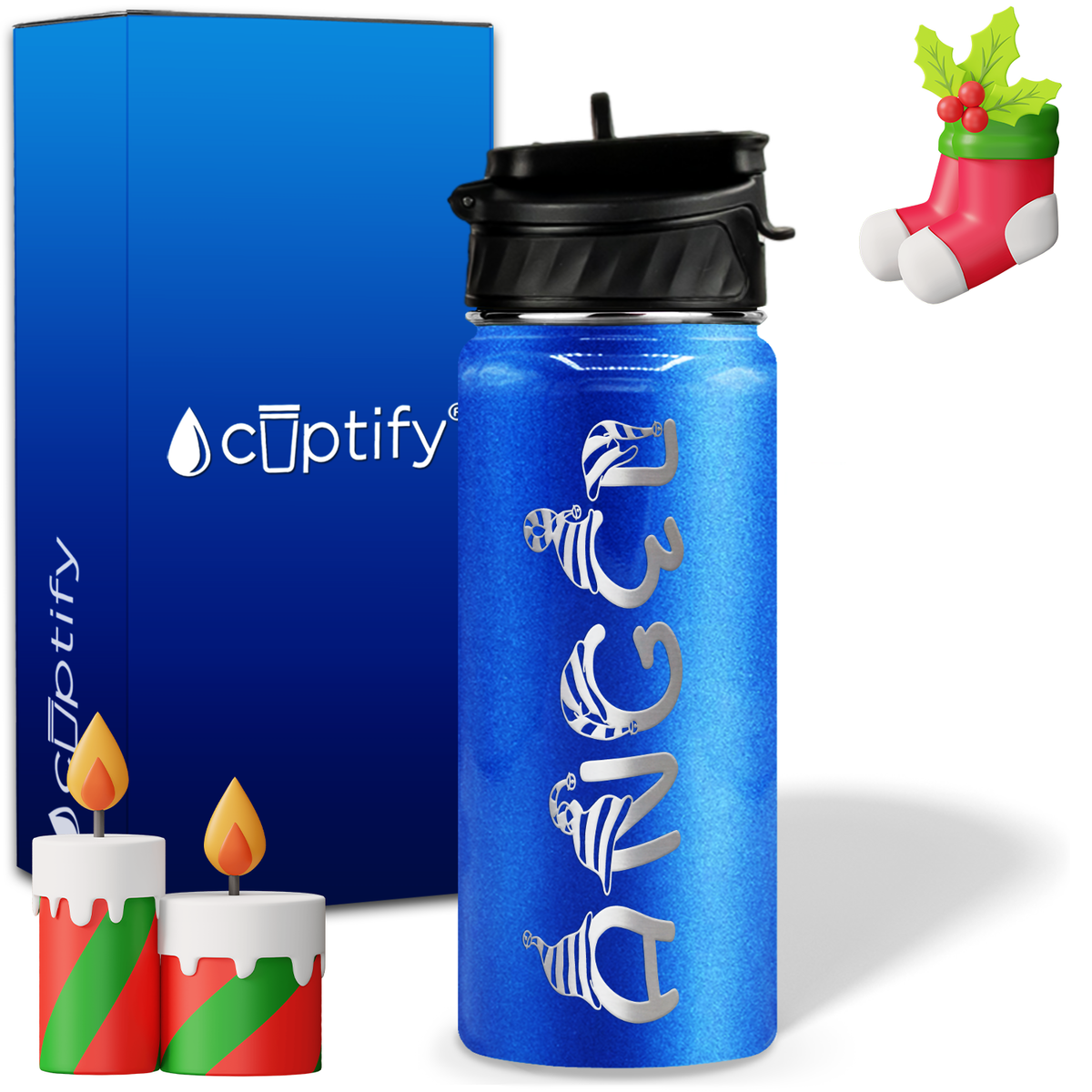 Elfen Christmas Font on 18oz Personalized Water Bottle