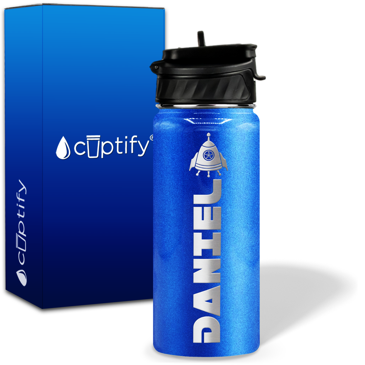 Personalized Space Ship with Name and Icon on 18oz Wide Mouth Kids Water Bottle