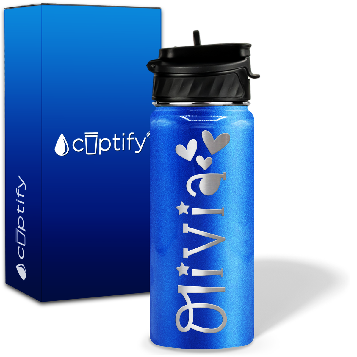 Personalized Hearts with Name and Icon on 18oz Wide Mouth Kids Water Bottle