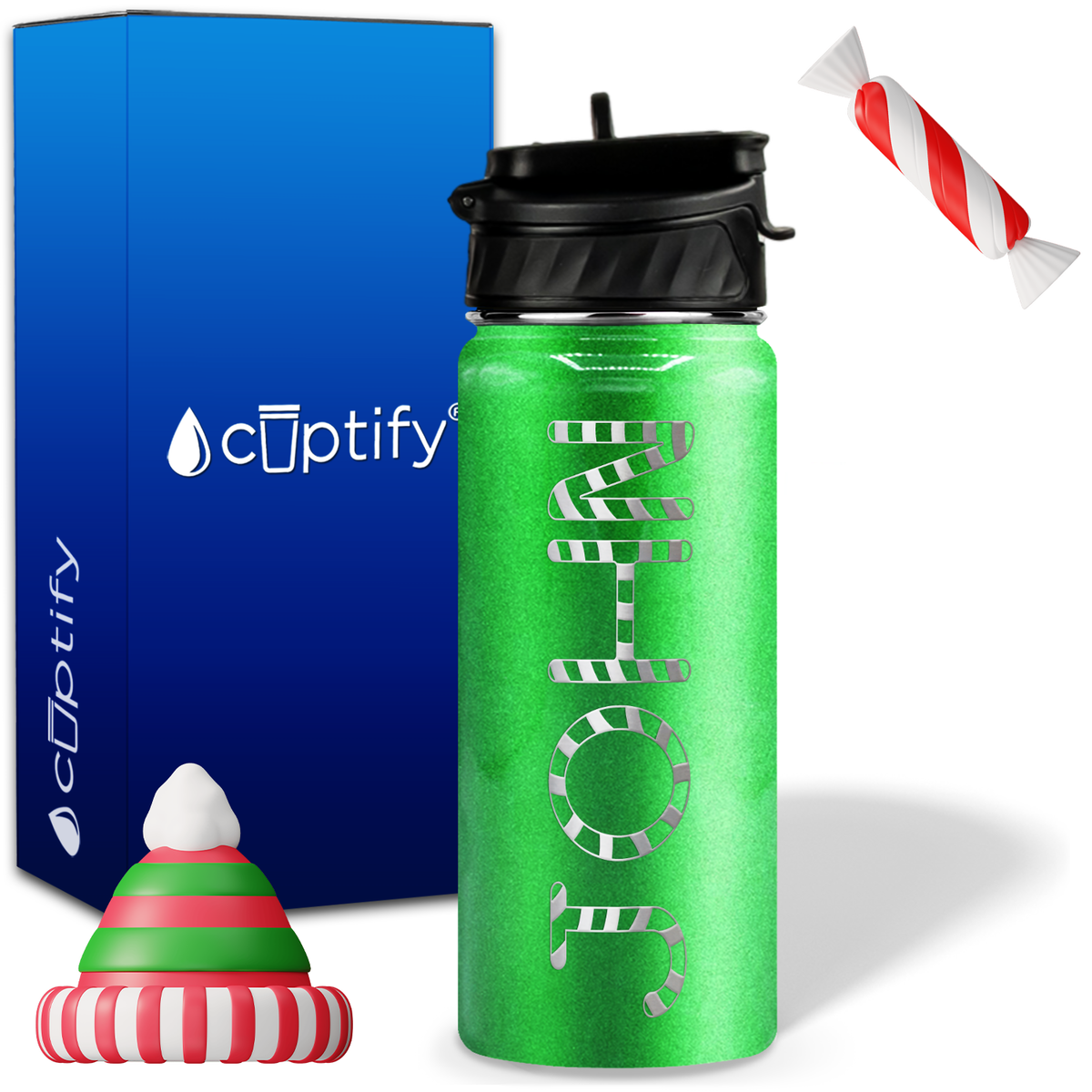 Personalized Candy Canes on 18oz Christmas Water Bottle