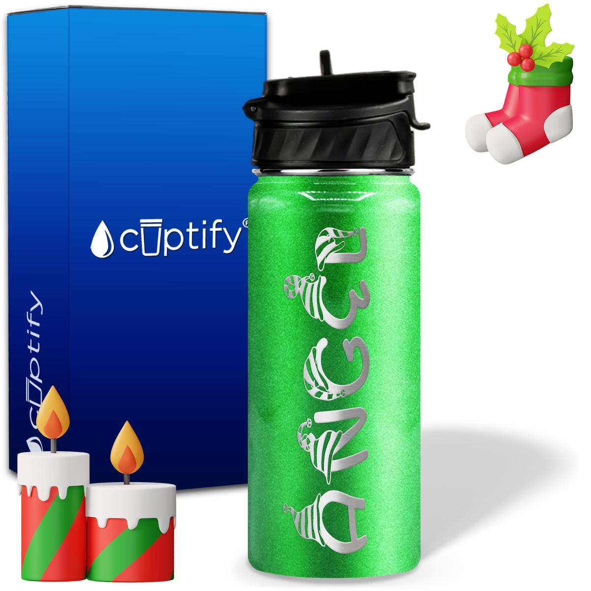 Elfen Christmas Font on 18oz Personalized Water Bottle