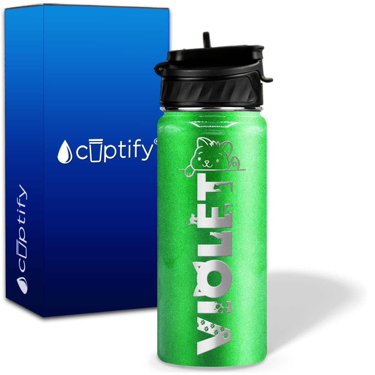 Personalized Cat Waving with Name and Icon on 18oz Wide Mouth Kids Water Bottle