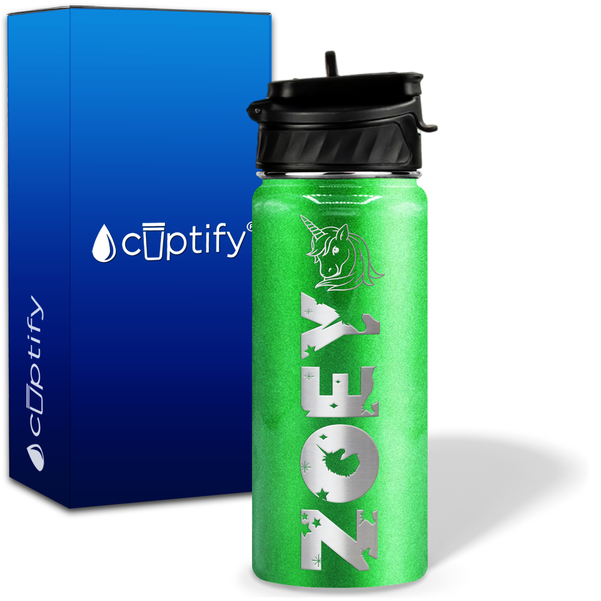 Personalized Unicorn with Name and Icon on 18oz Wide Mouth Kids Water Bottle