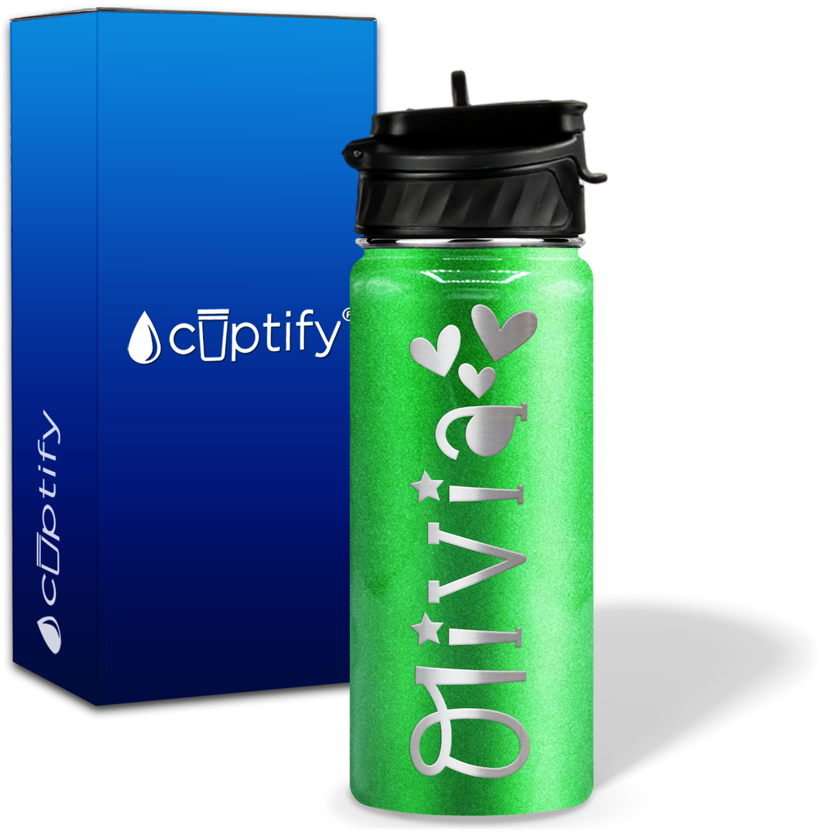 Personalized Hearts with Name and Icon on 18oz Wide Mouth Kids Water Bottle