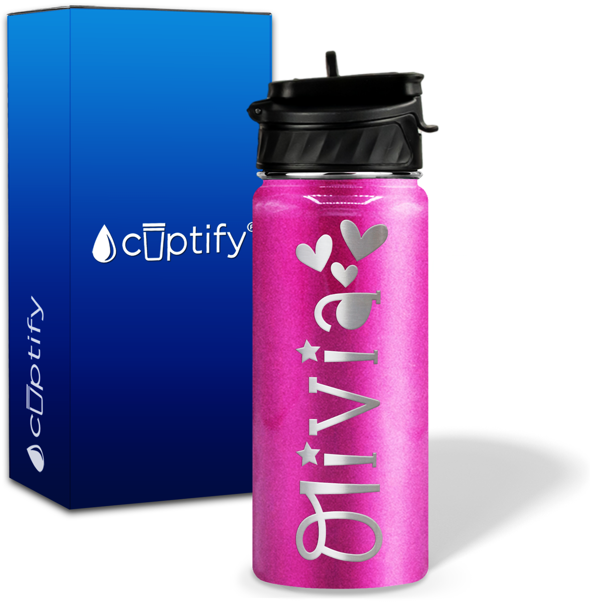 Personalized Hearts with Name and Icon on 18oz Wide Mouth Kids Water Bottle