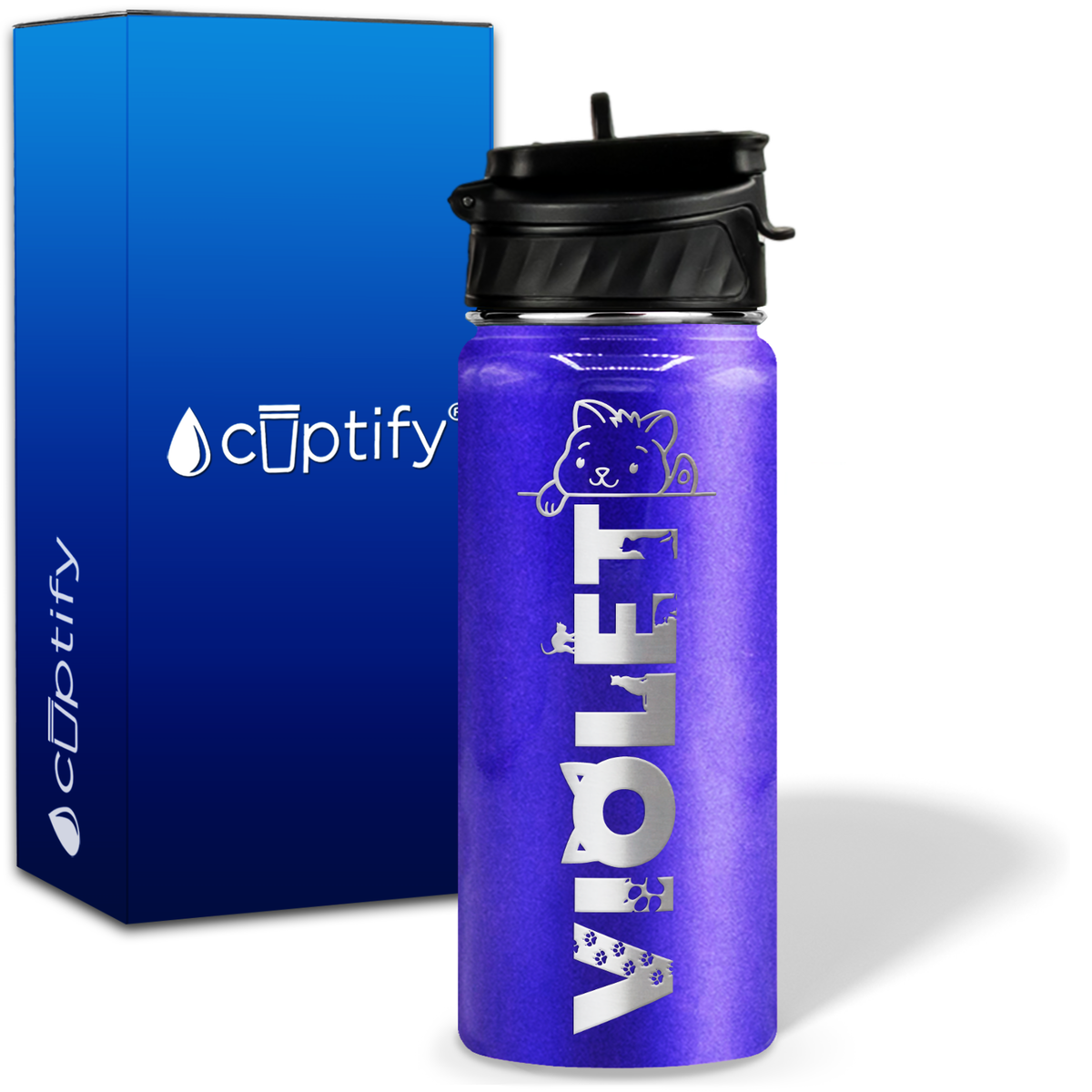 Personalized Cat Waving with Name and Icon on 18oz Wide Mouth Kids Water Bottle