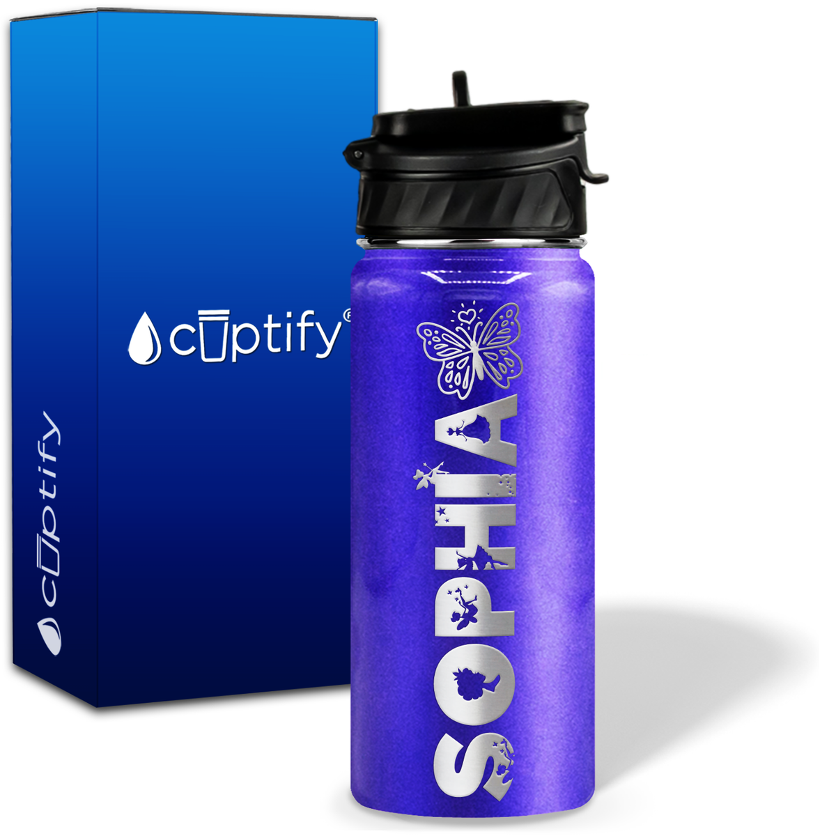 Personalized Heart Butterfly with Name and Icon on 18oz Wide Mouth Kids Water Bottle