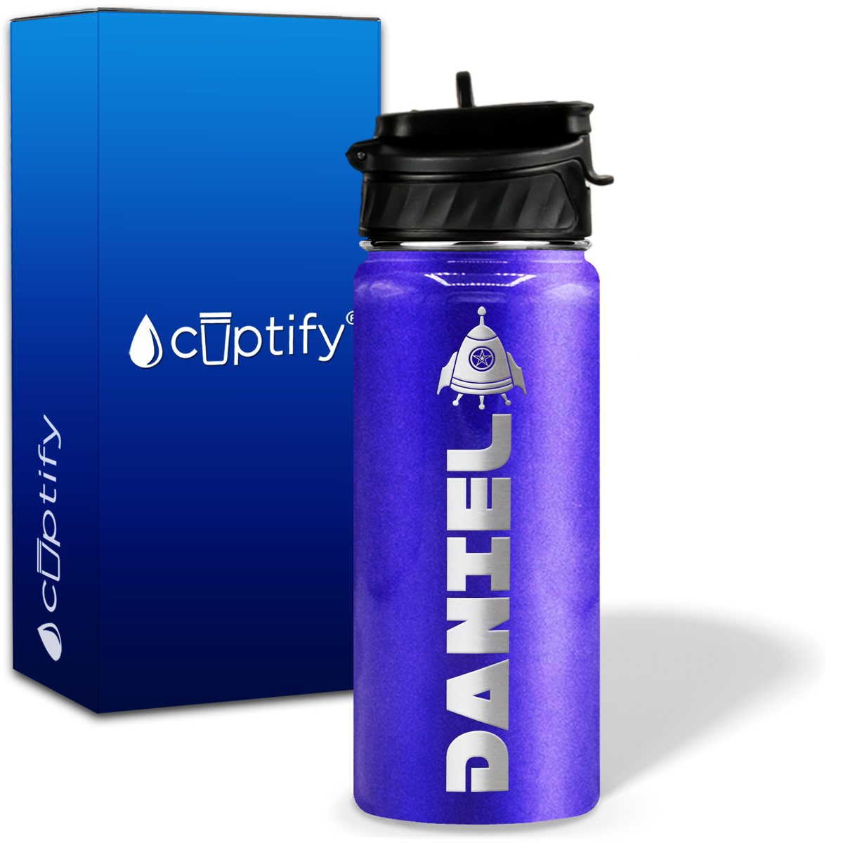 Personalized Space Ship with Name and Icon on 18oz Wide Mouth Kids Water Bottle