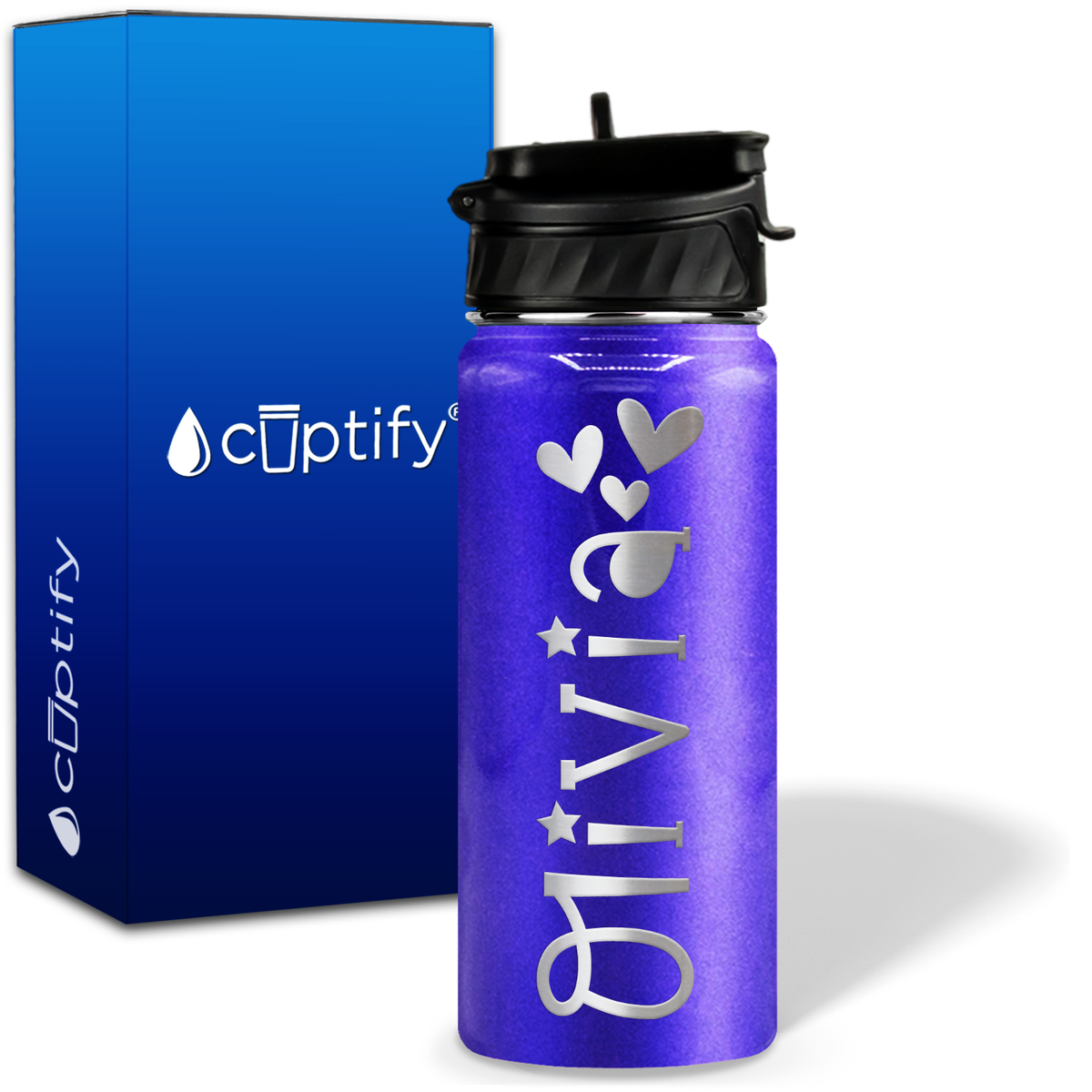 Personalized Hearts with Name and Icon on 18oz Wide Mouth Kids Water Bottle